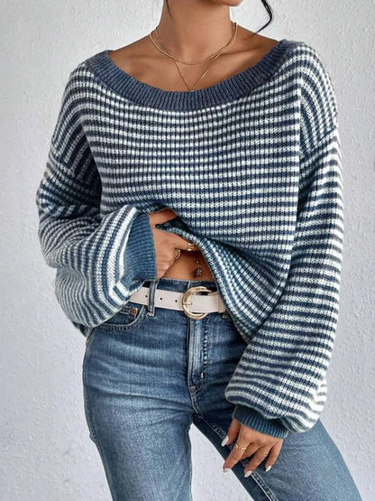 Stripe Lace Lantern Sleeve Knit Top