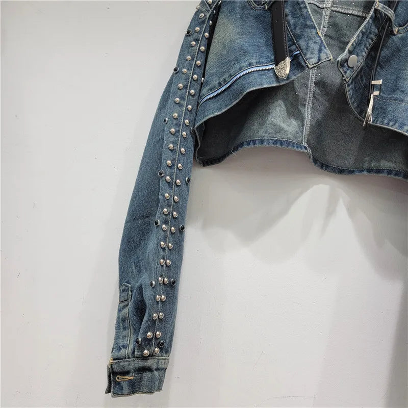Edge Craze Rivet Patchwork Denim Jacket