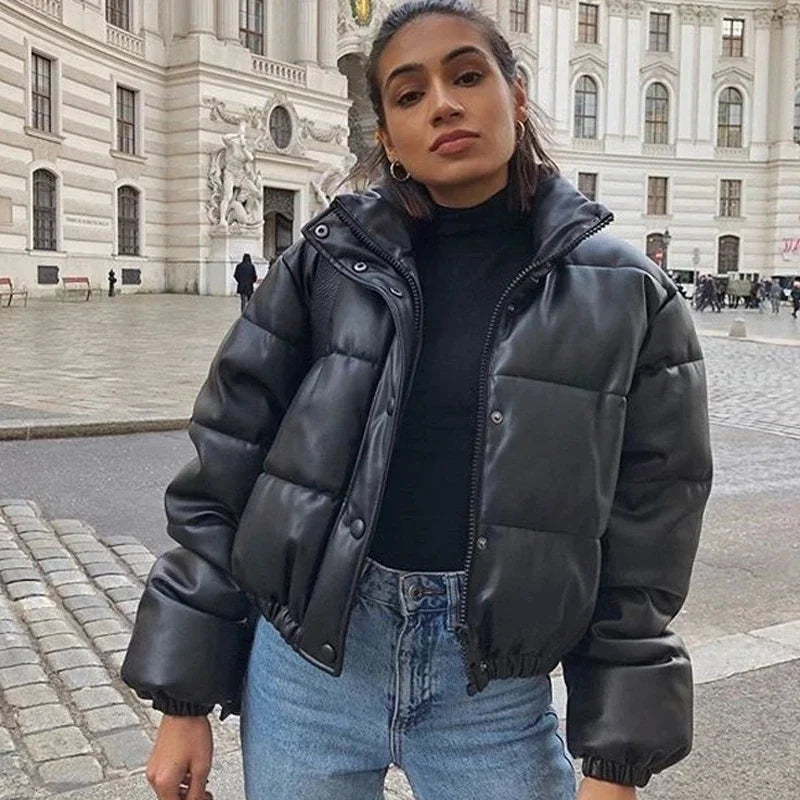 Luxe Frost Short PU Puffer Jacket