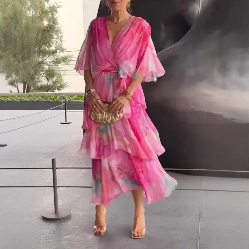 Elegant Ruffle Chiffon Lace-Up Dress