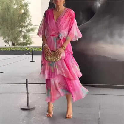 Elegant Ruffle Chiffon Lace-Up Dress