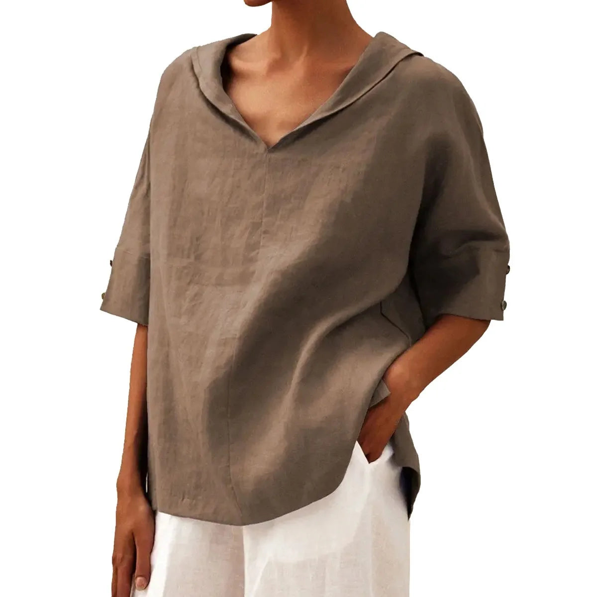 Solid Cotton Linen Hooded Blouse