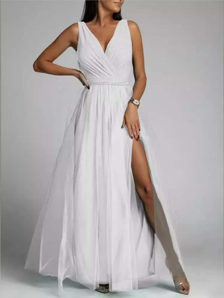 Elegant Mesh V-Neck Slit Dress