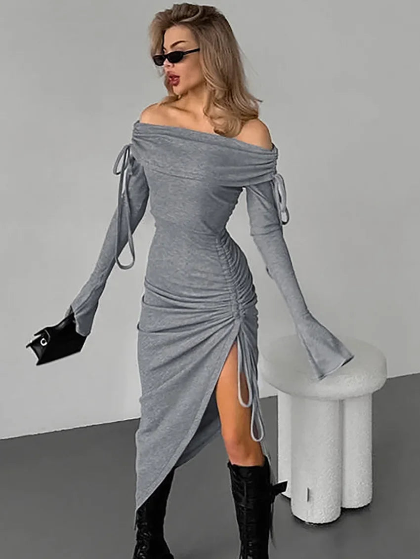 Off-Shoulder Lace-Up Maxi Dress