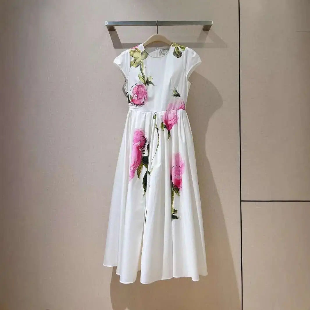 Flora Retro Pleated Satin Midi Dress