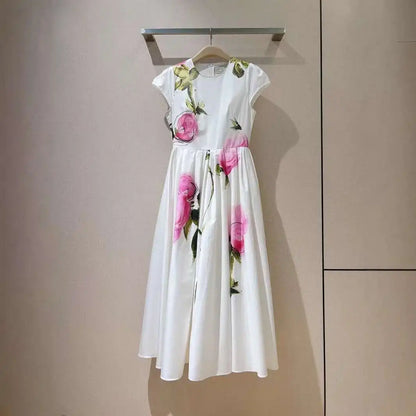 Flora Retro Pleated Satin Midi Dress