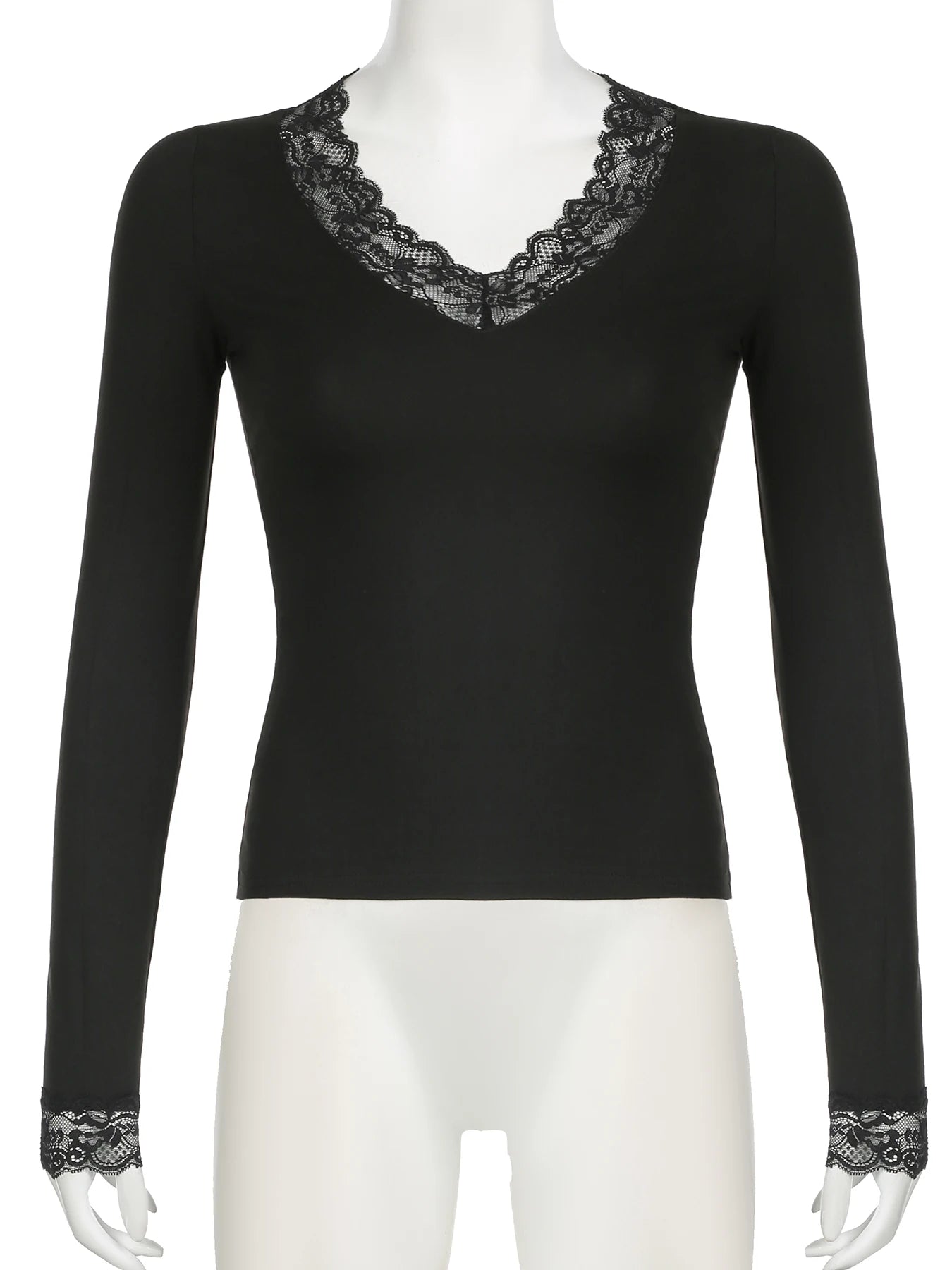Lace Edge Slim V-Neck Long Sleeve Tee