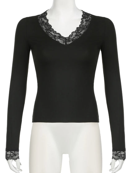 Lace Edge Slim V-Neck Long Sleeve Tee
