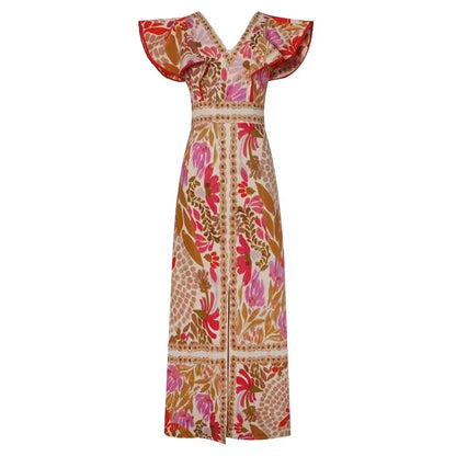 Backless Ruffle V-Neck Maxi Dress