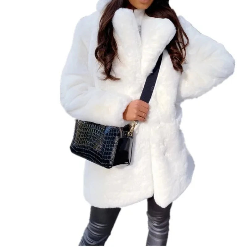 Woven Block Long Faux Fur Coat