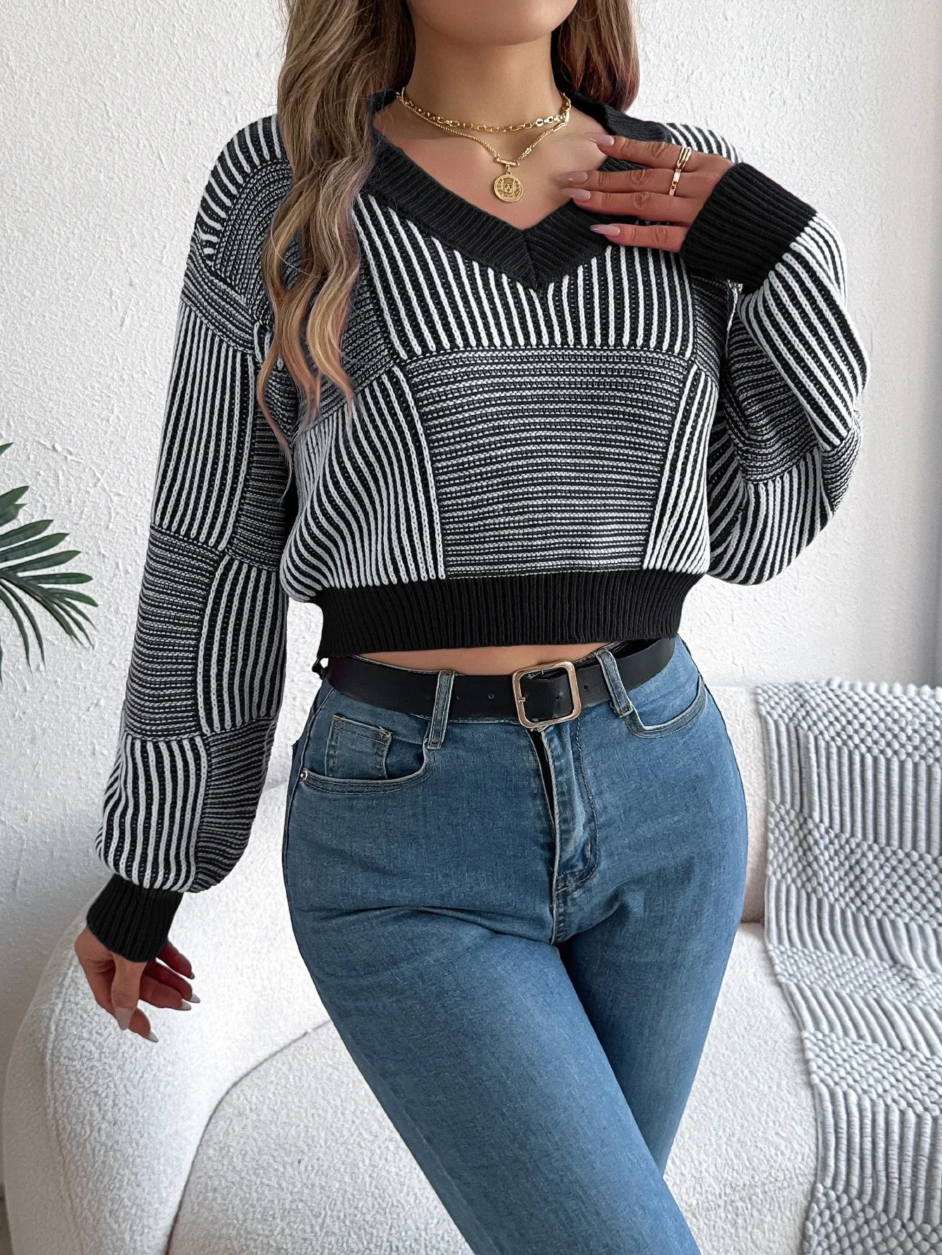 Striped Charm V-Neck Crop Sweater