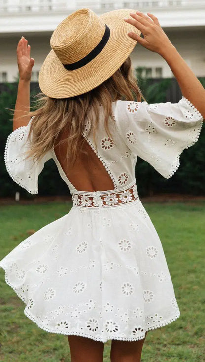 Embroidered Bloom Backless Cotton Dress