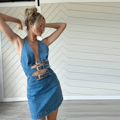 Ocean Glow Halter Denim Mini Dress
