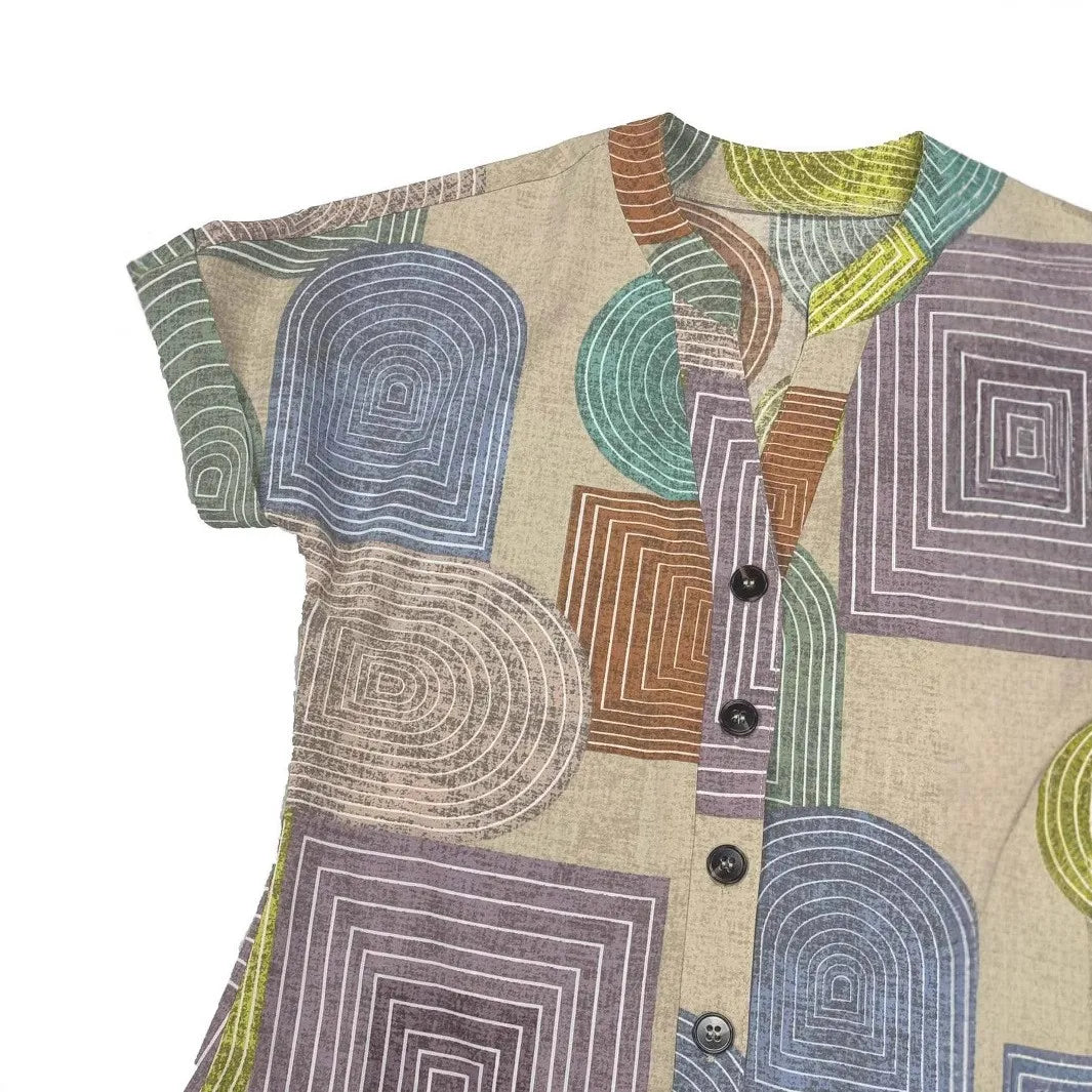 Chic Geo Print V Neck Button Dress