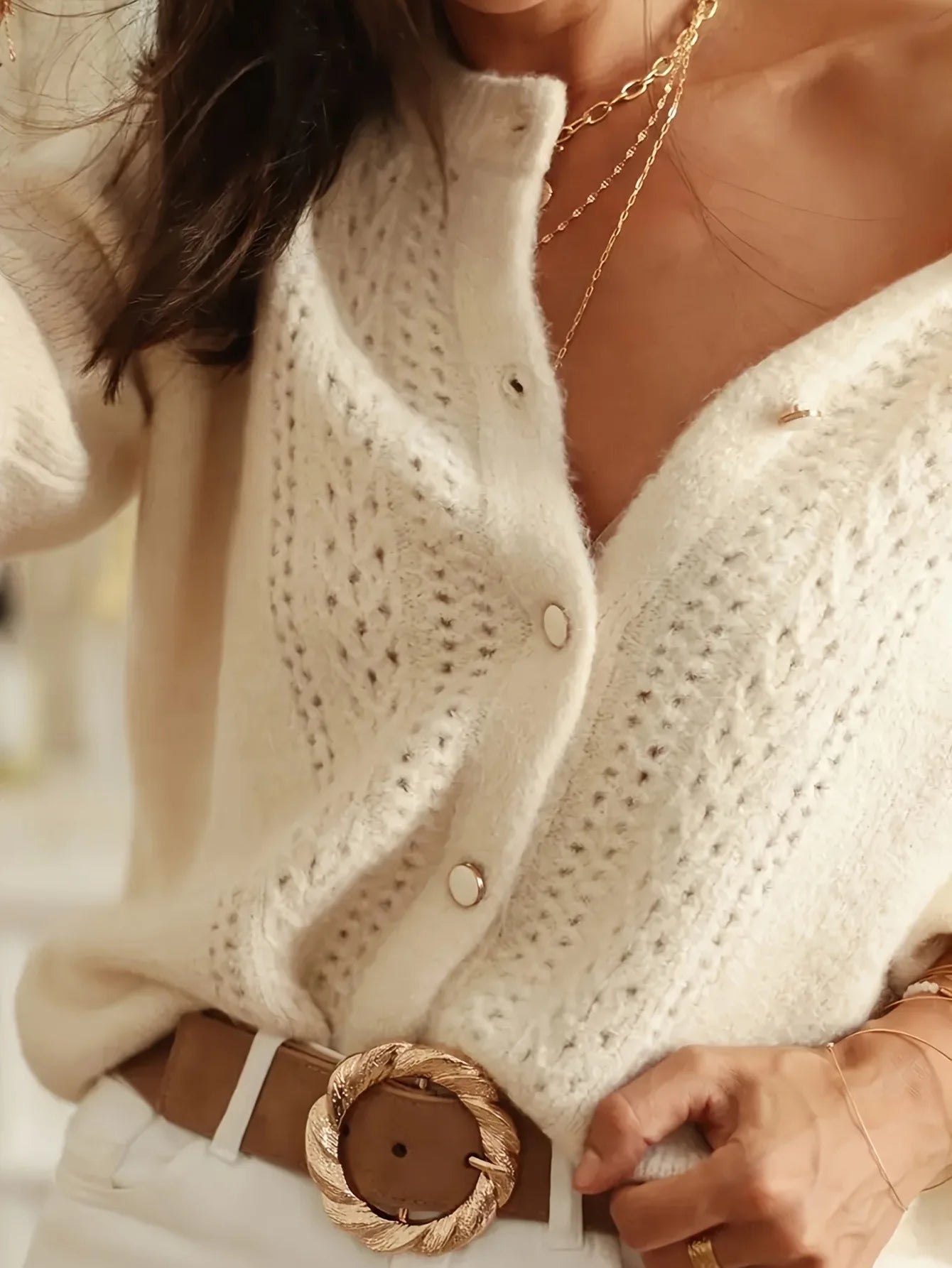 Elegant Hollow-Knit V-Neck Cardigan