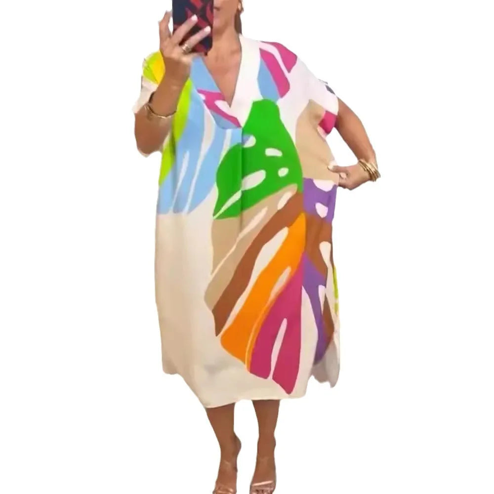 Printed V Neck Loose Summer Dress