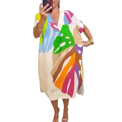 Printed V Neck Loose Summer Dress