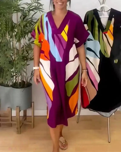 Printed V Neck Loose Summer Dress