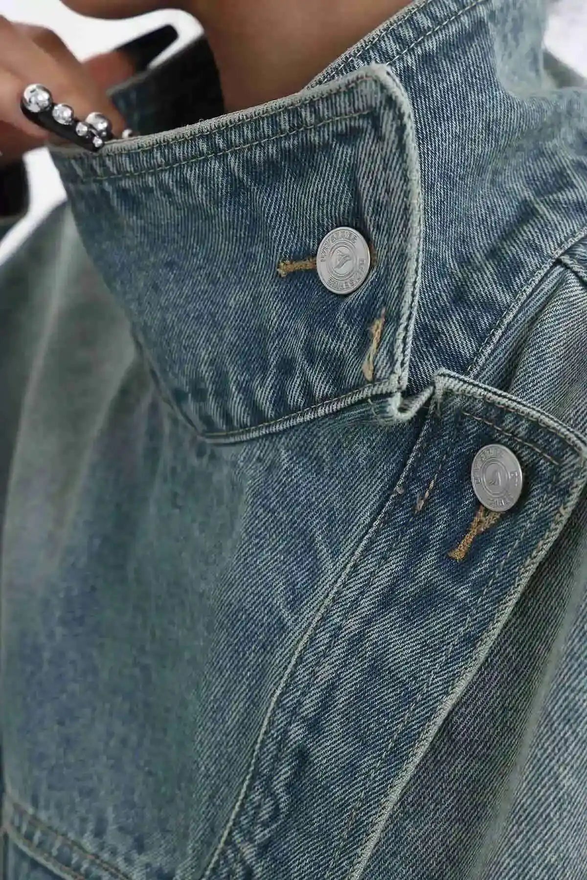 Denim Charm Patchwork Turtleneck Coat