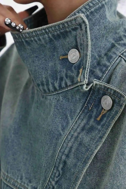 Denim Charm Patchwork Turtleneck Coat