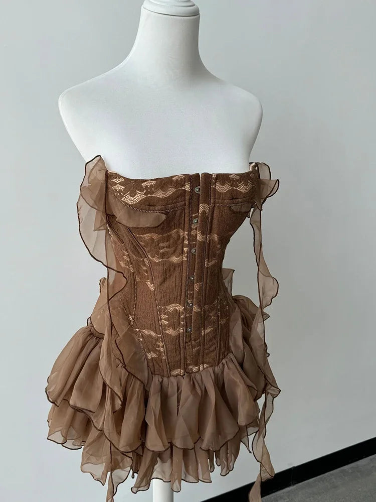 Bronze Belle Strapless Ruffle Dress