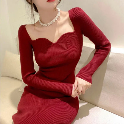 VitaKnit V-Neck Bodycon Sweater Dress