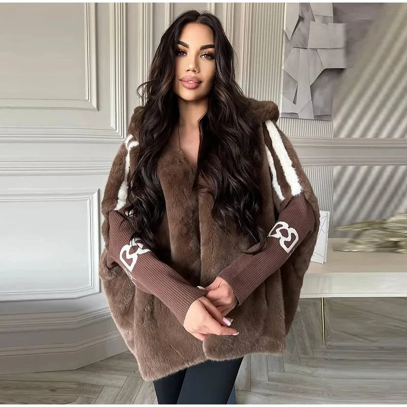 Women’s Knitted Patchwork Faux Fur Short Coat