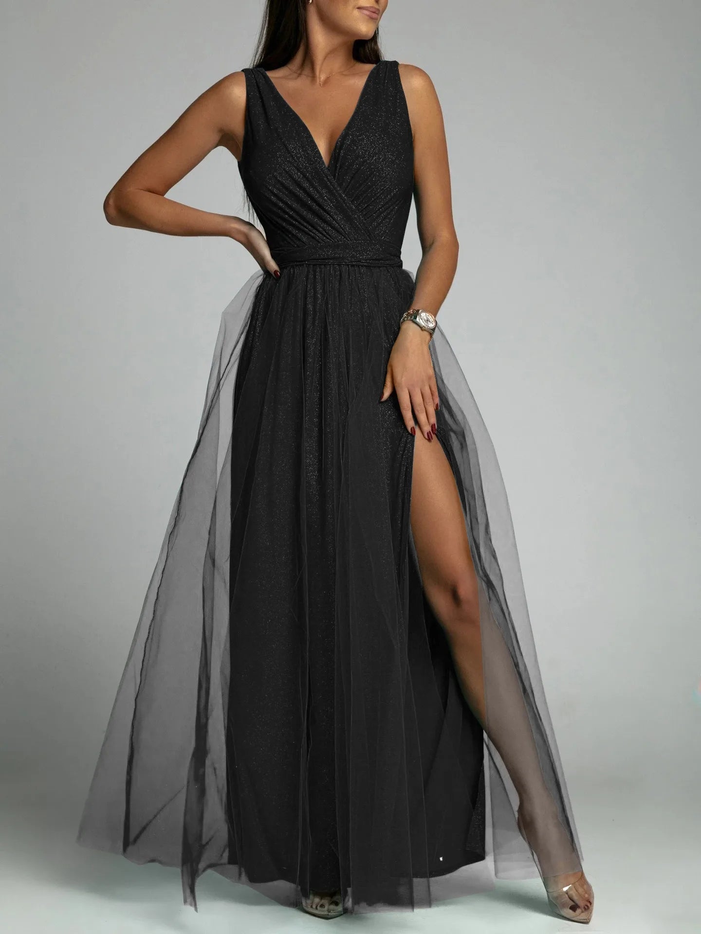 Elegant Mesh V-Neck Slit Dress