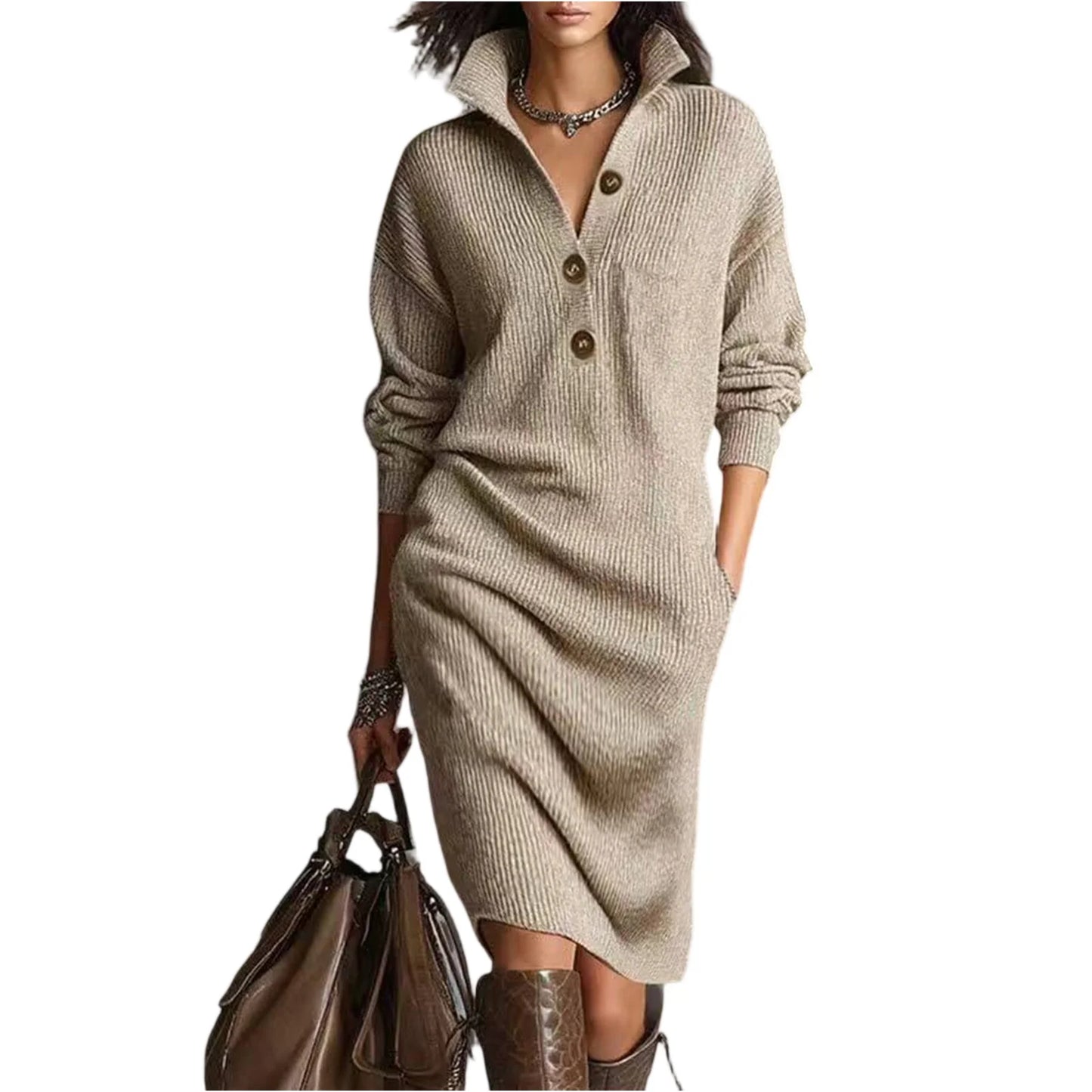 Casual Button Loose Mid-Length Knitting Sweater Dress