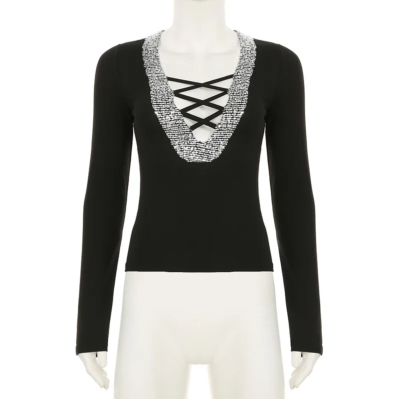 Glam Splice Sequin V-Neck Slim Top