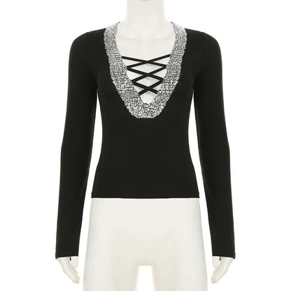 Glam Splice Sequin V-Neck Slim Top