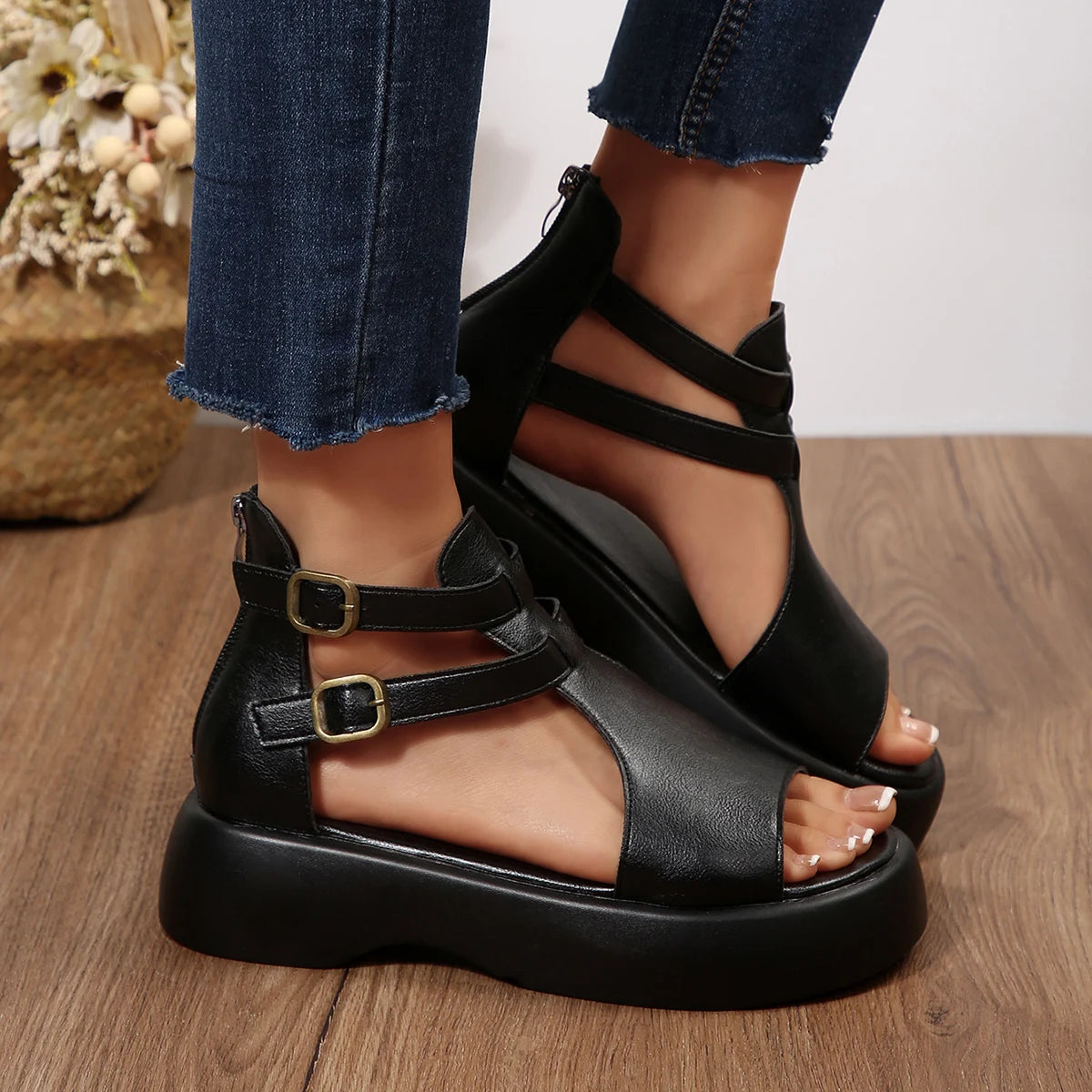Retro Leather Wedge Sandals