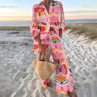 Tropical Print Lace-Up Pant Set
