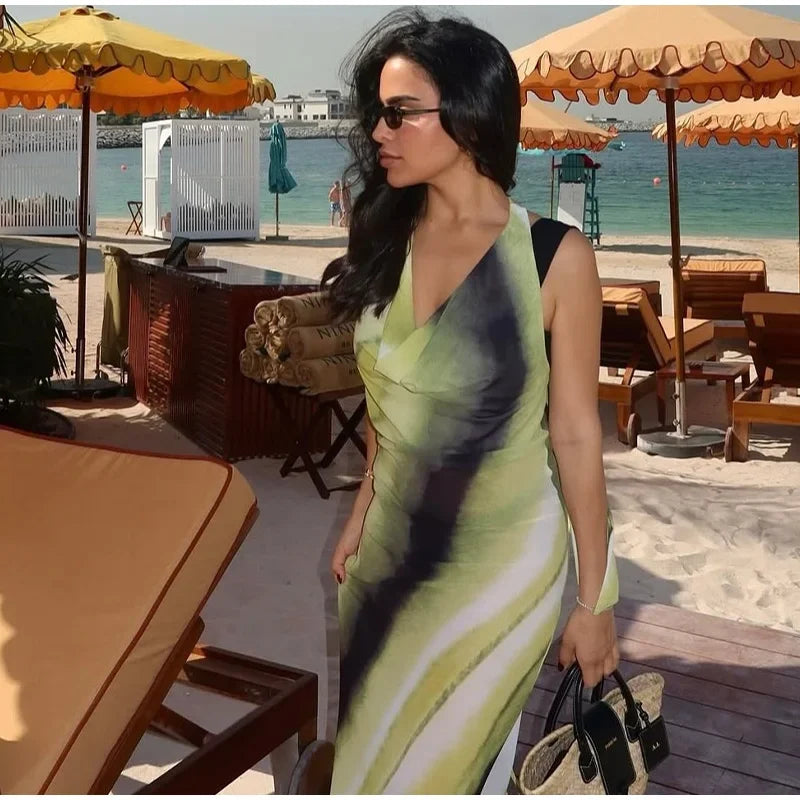 Chic Tie-Dye Backless Lace-Up Dress