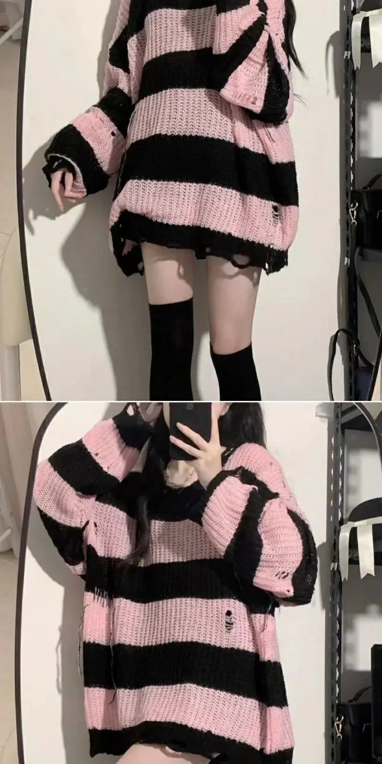 Black & Pink Striped Knitted Sweater