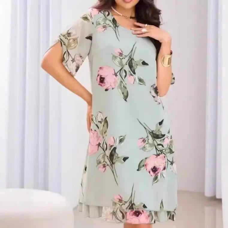 Elegant Printed Chiffon Round Dress