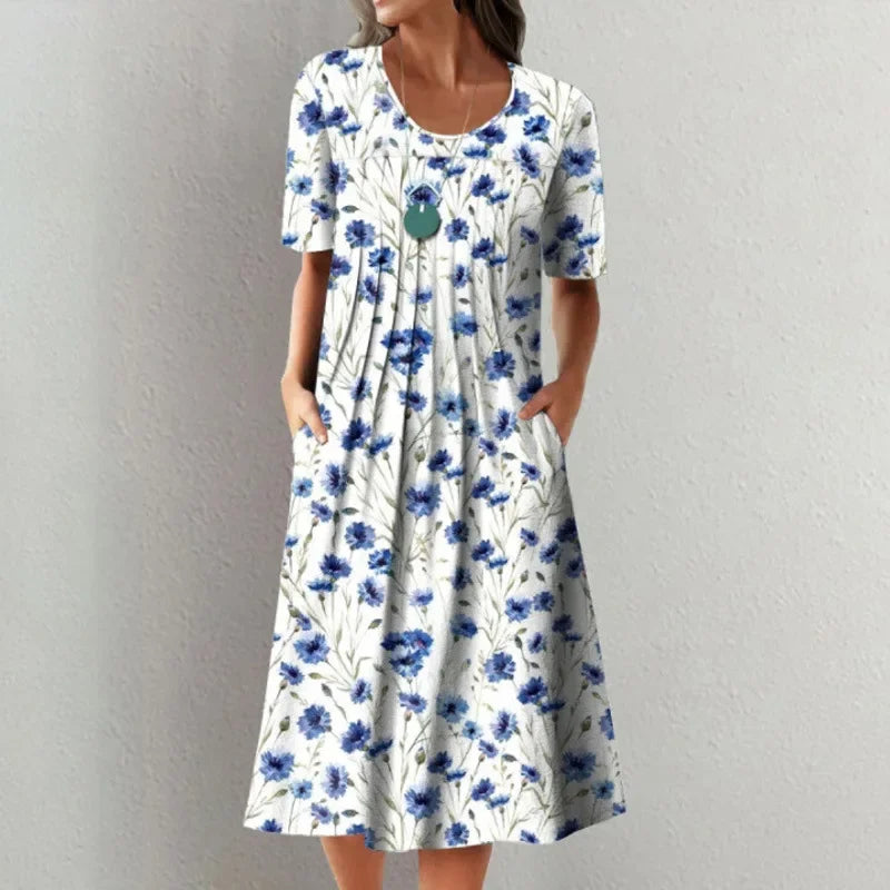 Floral A-line Round Neck Home Dress