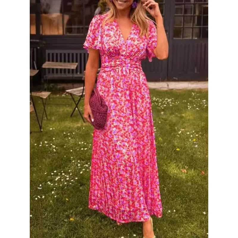 Elegant Floral V-neck Beach Dress