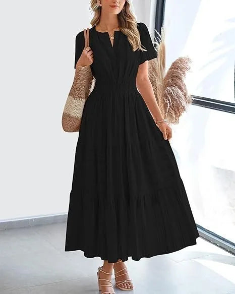 V-Neck Puff Sleeve Beach Dress