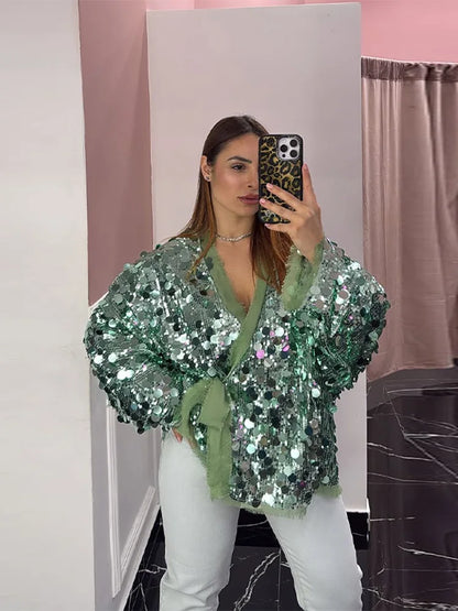 Sequin Lace-Up V-Neck Cardigan