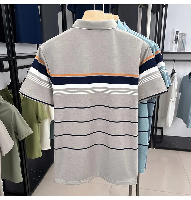 Luxury Color-Block Striped Polo Shirt
