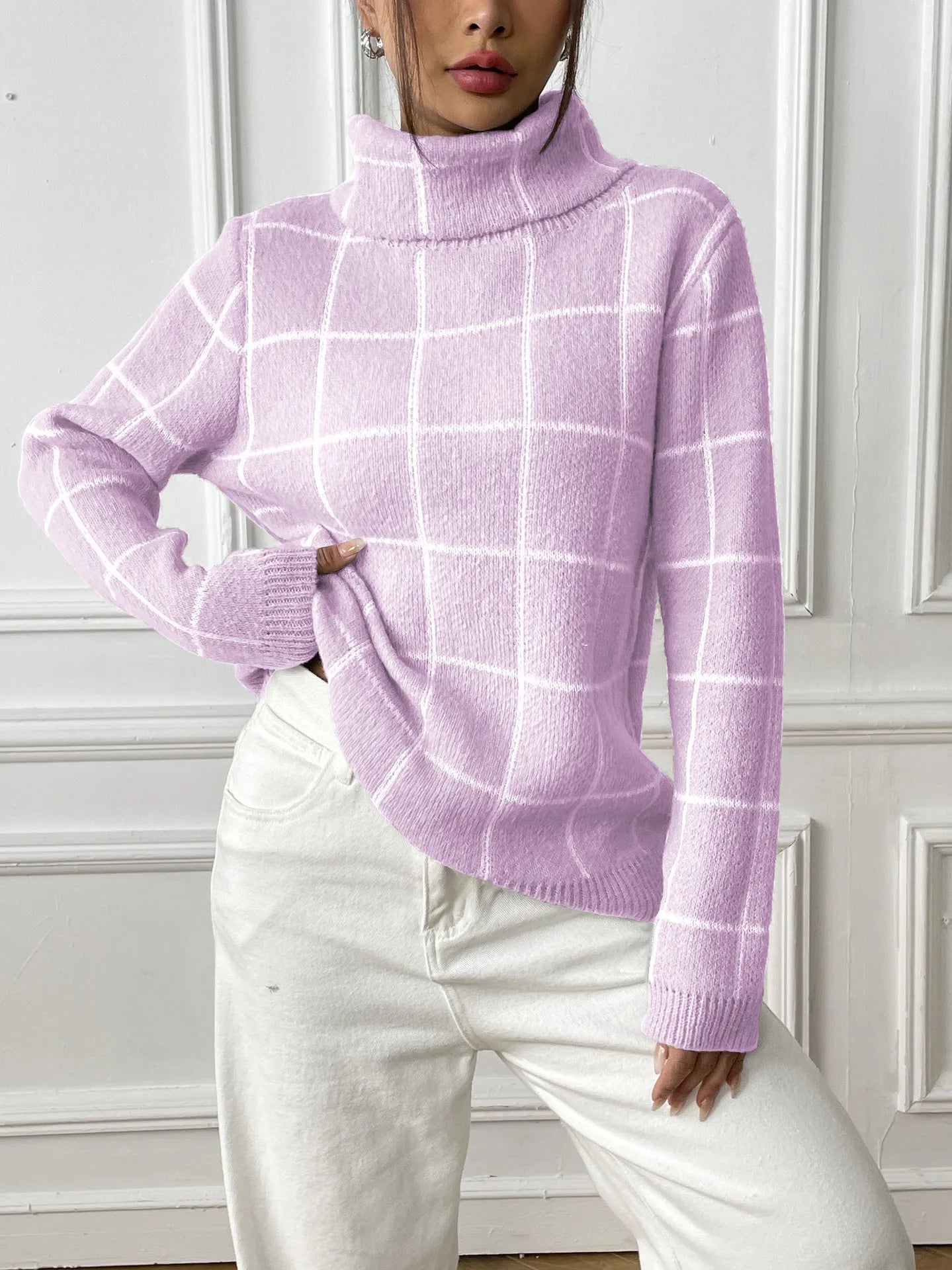 Plaid Muse Turtleneck Knit Sweater