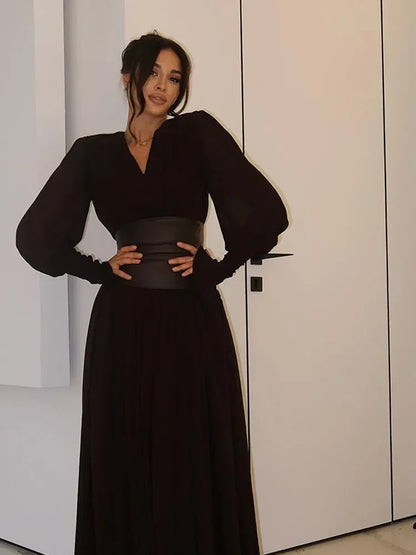 Elegant Waist-Cinch V-Neck Maxi Dress