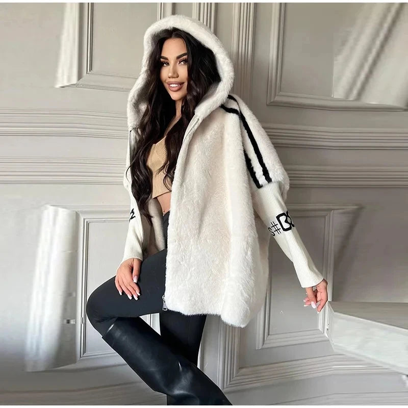 Women’s Knitted Patchwork Faux Fur Short Coat