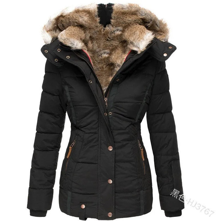 Autumn Winter Plush Lining Hooded Cotton Jacket