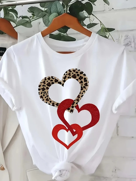 Leopard Heart Print Casual T-Shirt