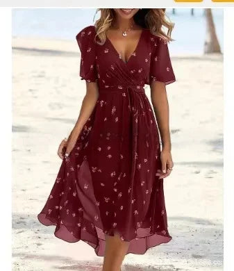 Printed V-Neck Knee Dress