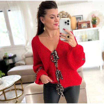 Leopard Lace-Up V-Neck Cardigan
