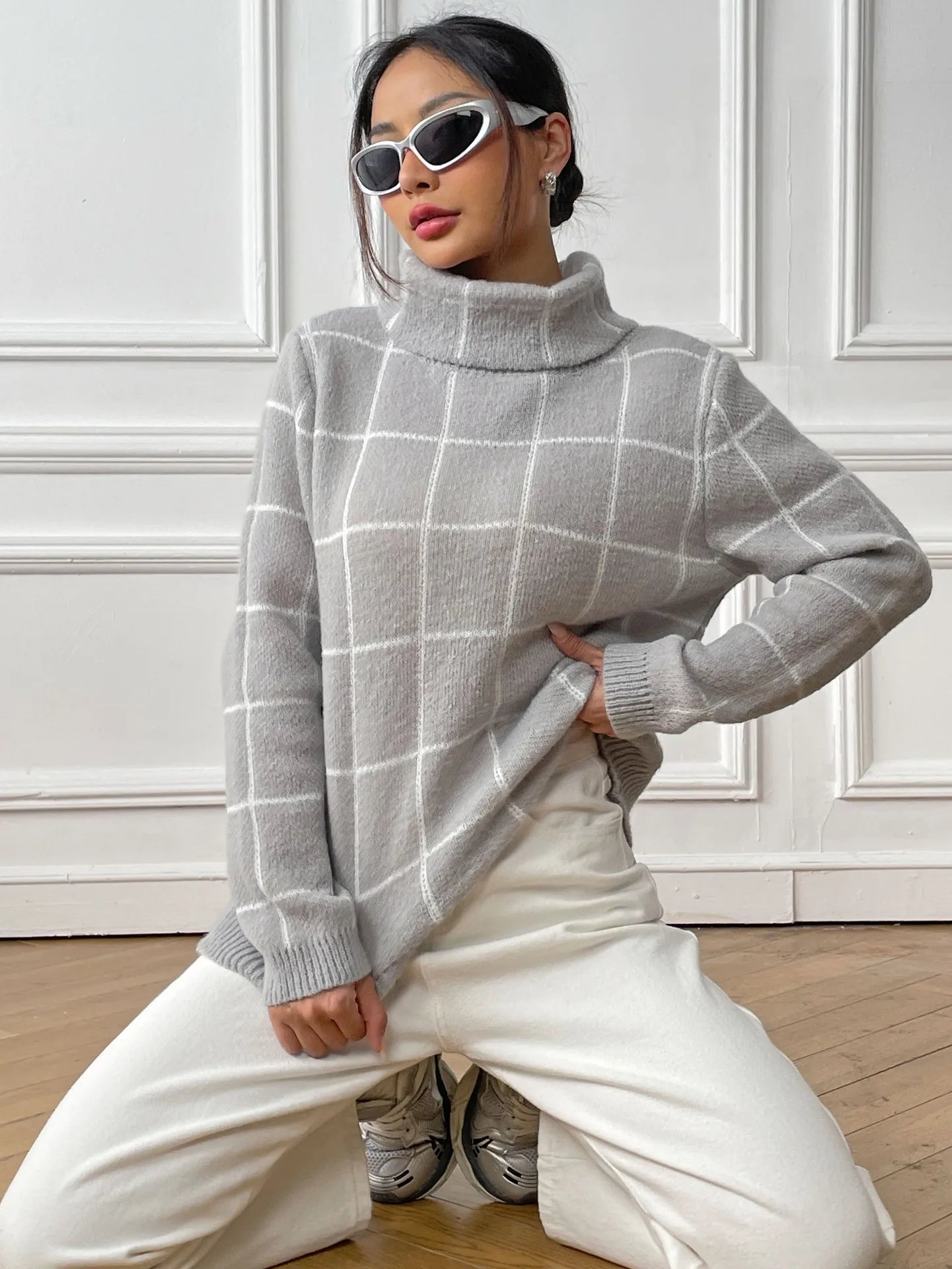 Plaid Muse Turtleneck Knit Sweater