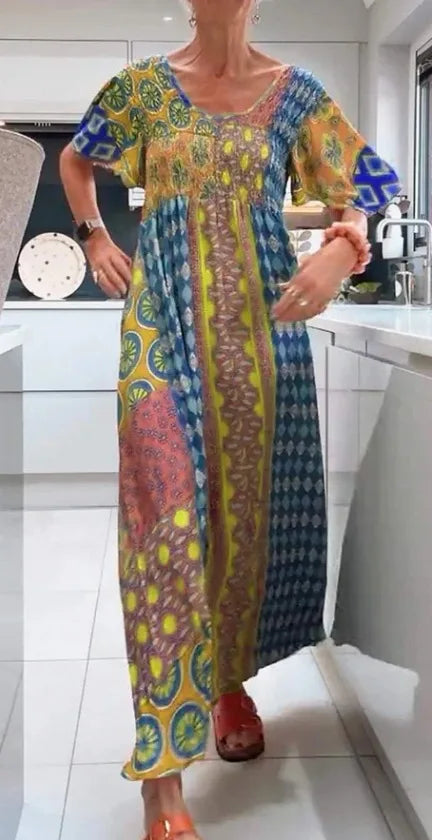 Boho Grace Retro V-Neck Dress